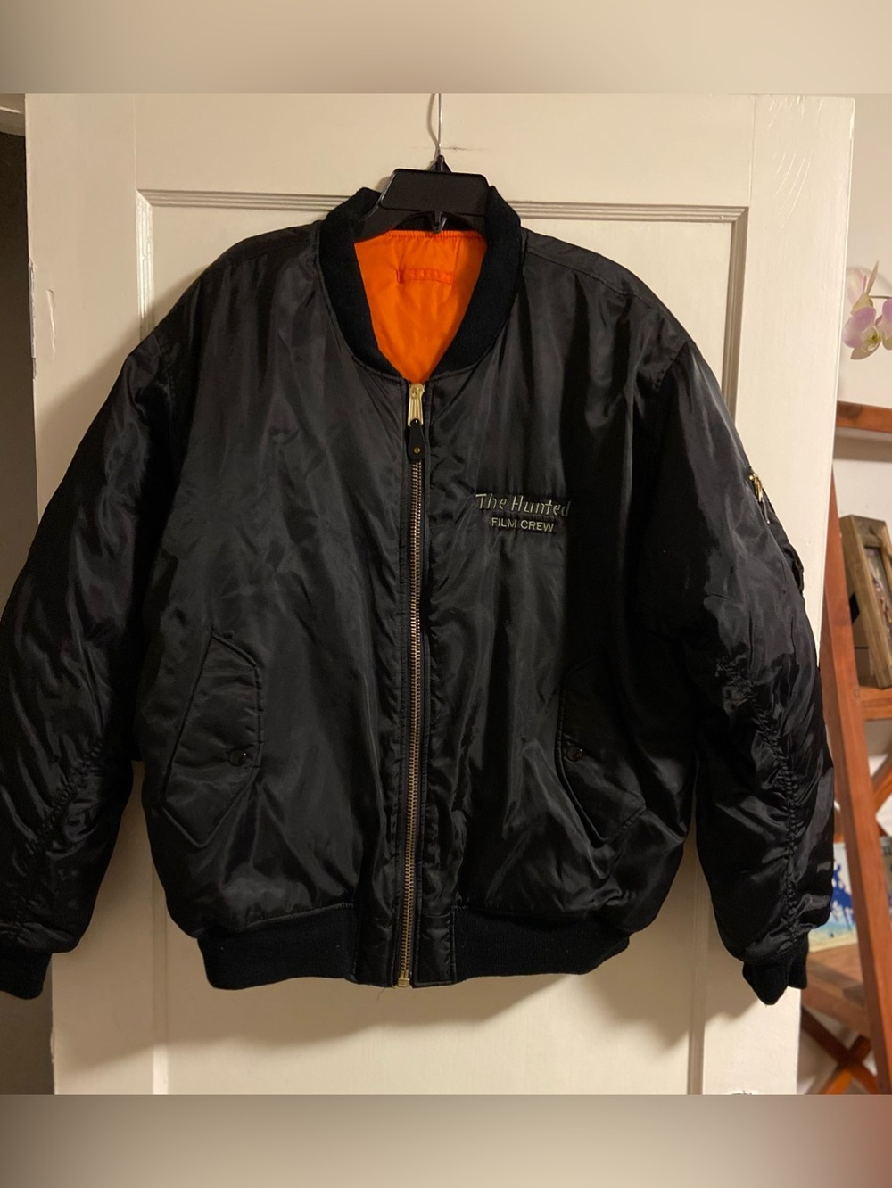 Vintage Black Bomber Jacket “The Hunted” Film Crew Embroidery XL Orange Rare